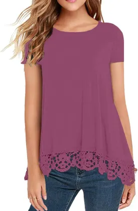 QIXING Women Tops Lace Trim O Neck A Line Tunic Blouse