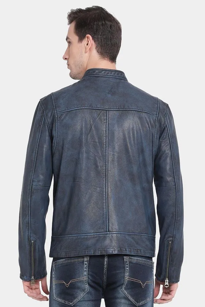 Rald Blue Removable Hooded Leather Jacket