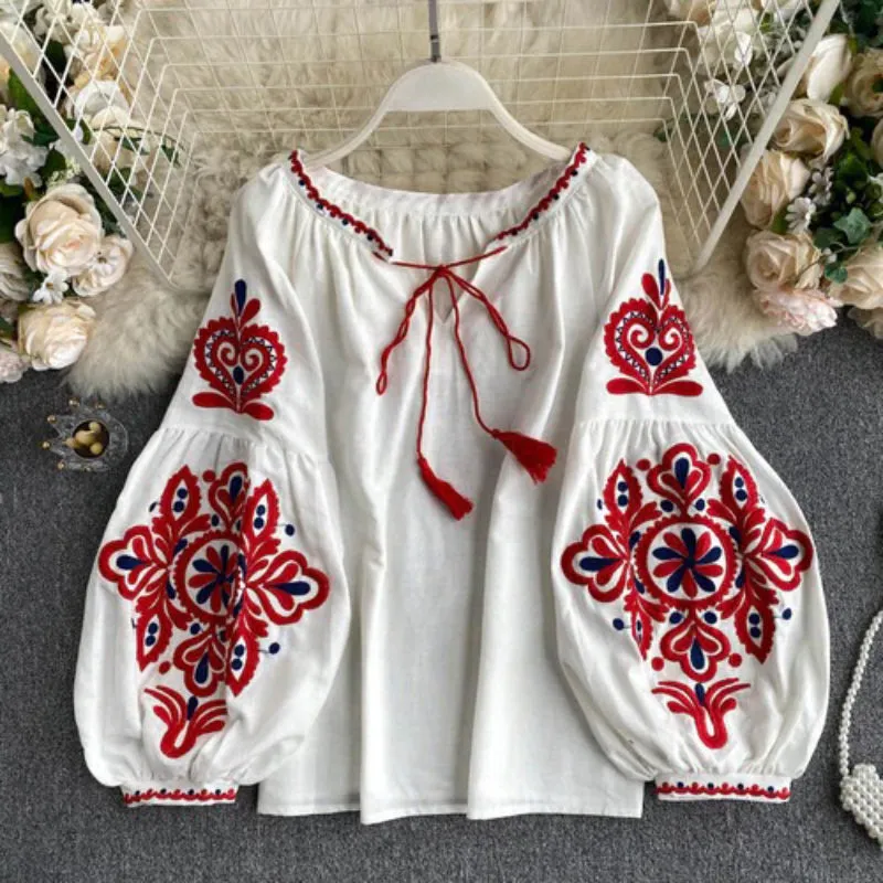 Retro Bohemian Pattern Embroidered Lantern Sleeve Lace-Up Tassel Loose Blouses