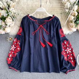 Retro Bohemian Pattern Embroidered Lantern Sleeve Lace-Up Tassel Loose Blouses