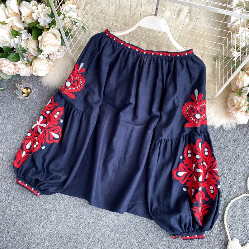 Retro Bohemian Pattern Embroidered Lantern Sleeve Lace-Up Tassel Loose Blouses