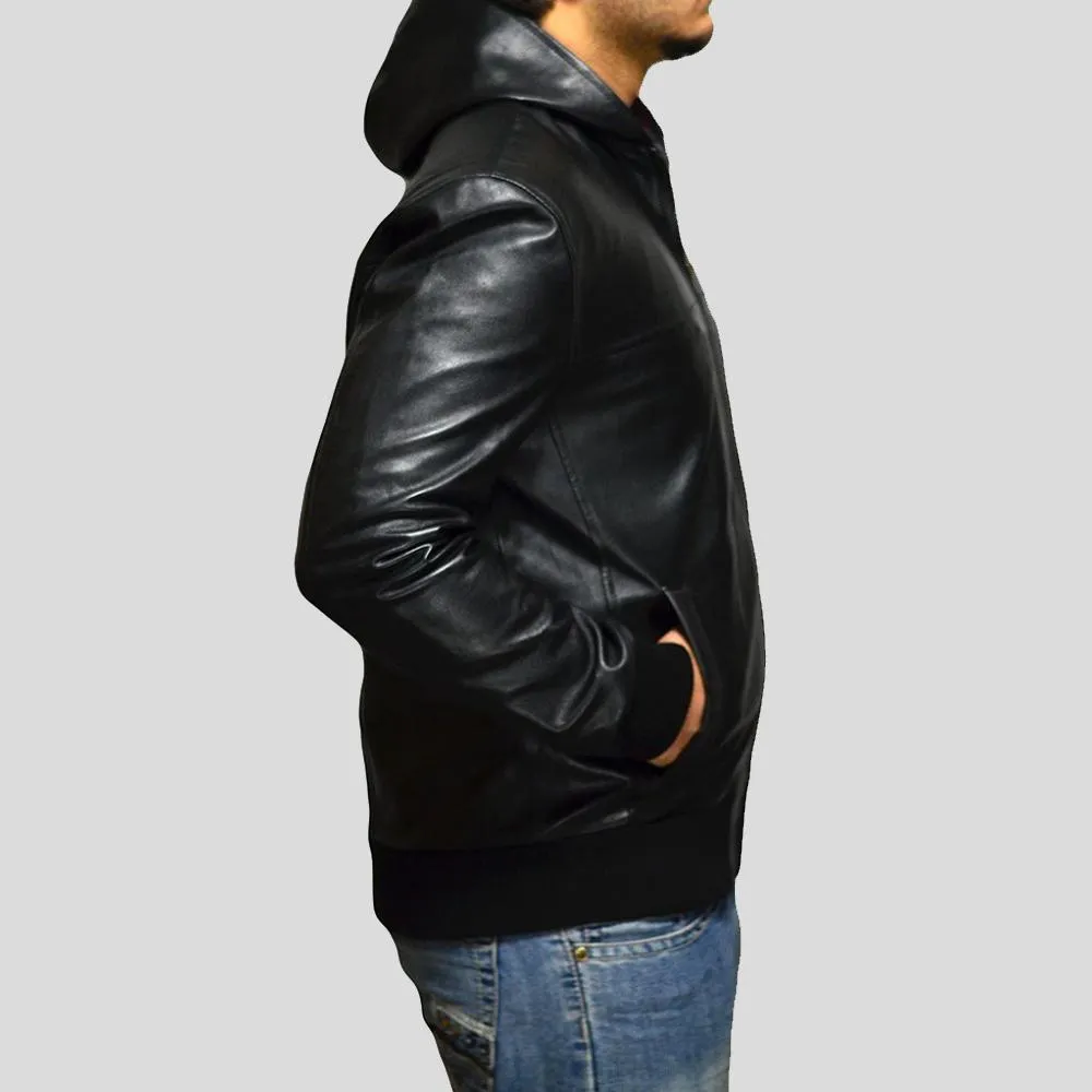 Shane Black Bomber Leather Jacket Hooded