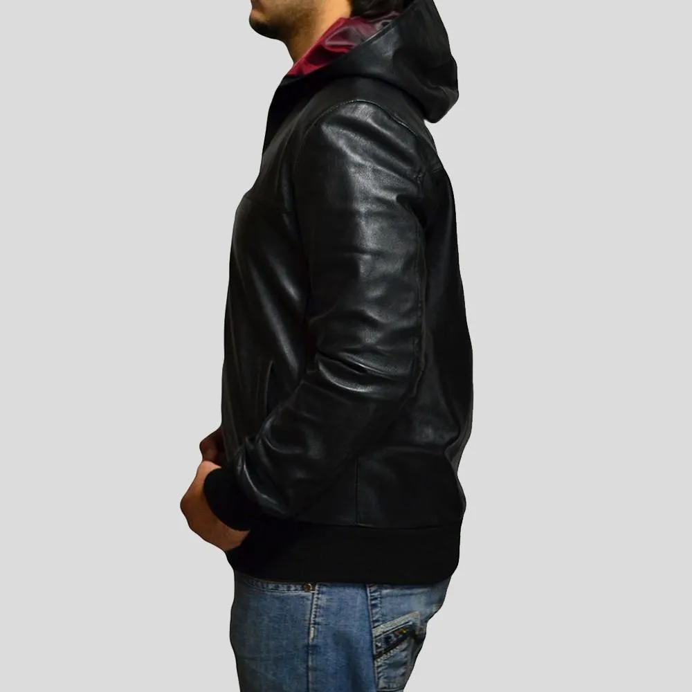 Shane Black Bomber Leather Jacket Hooded