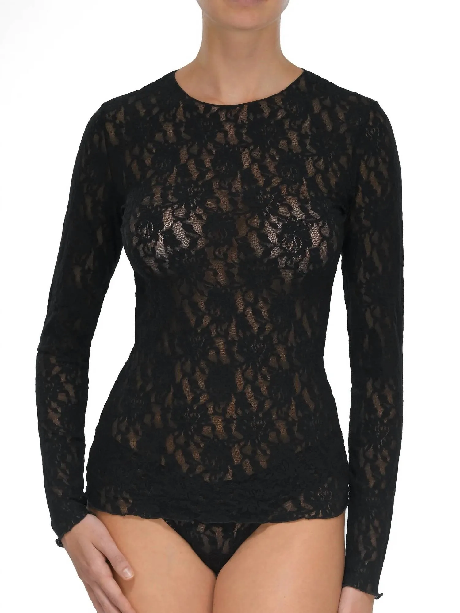 Signature Lace Long Sleeve Top in Black