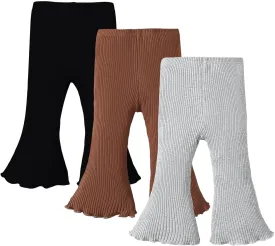 SOBOWO Baby Girl Flare Pants 3 Pack Toddler Solid Ribbed Ruffle Bell Bottoms Pants Trousers Fall Outfits