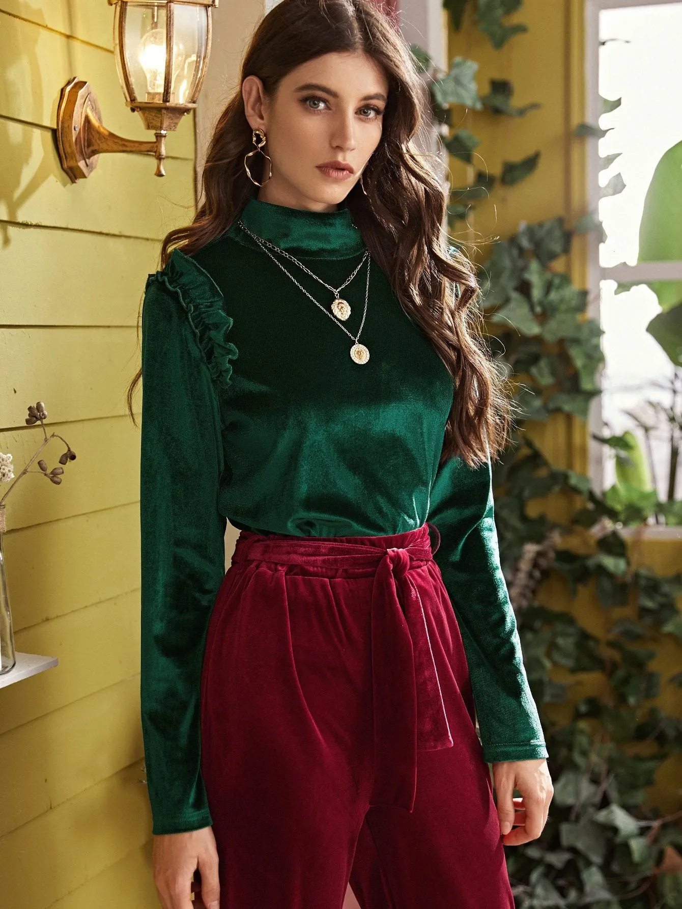 Solid Ruffle Trim Mock Neck Velvet Tee