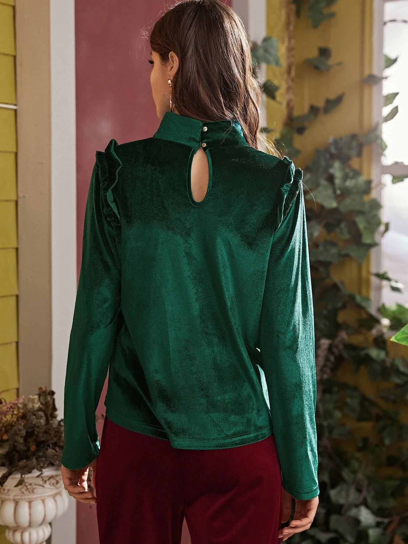 Solid Ruffle Trim Mock Neck Velvet Tee