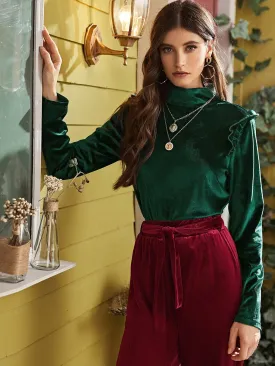 Solid Ruffle Trim Mock Neck Velvet Tee