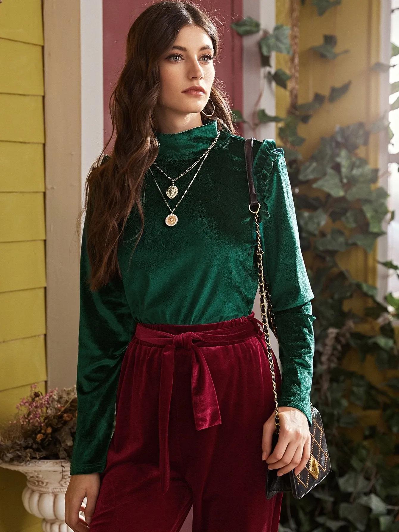 Solid Ruffle Trim Mock Neck Velvet Tee