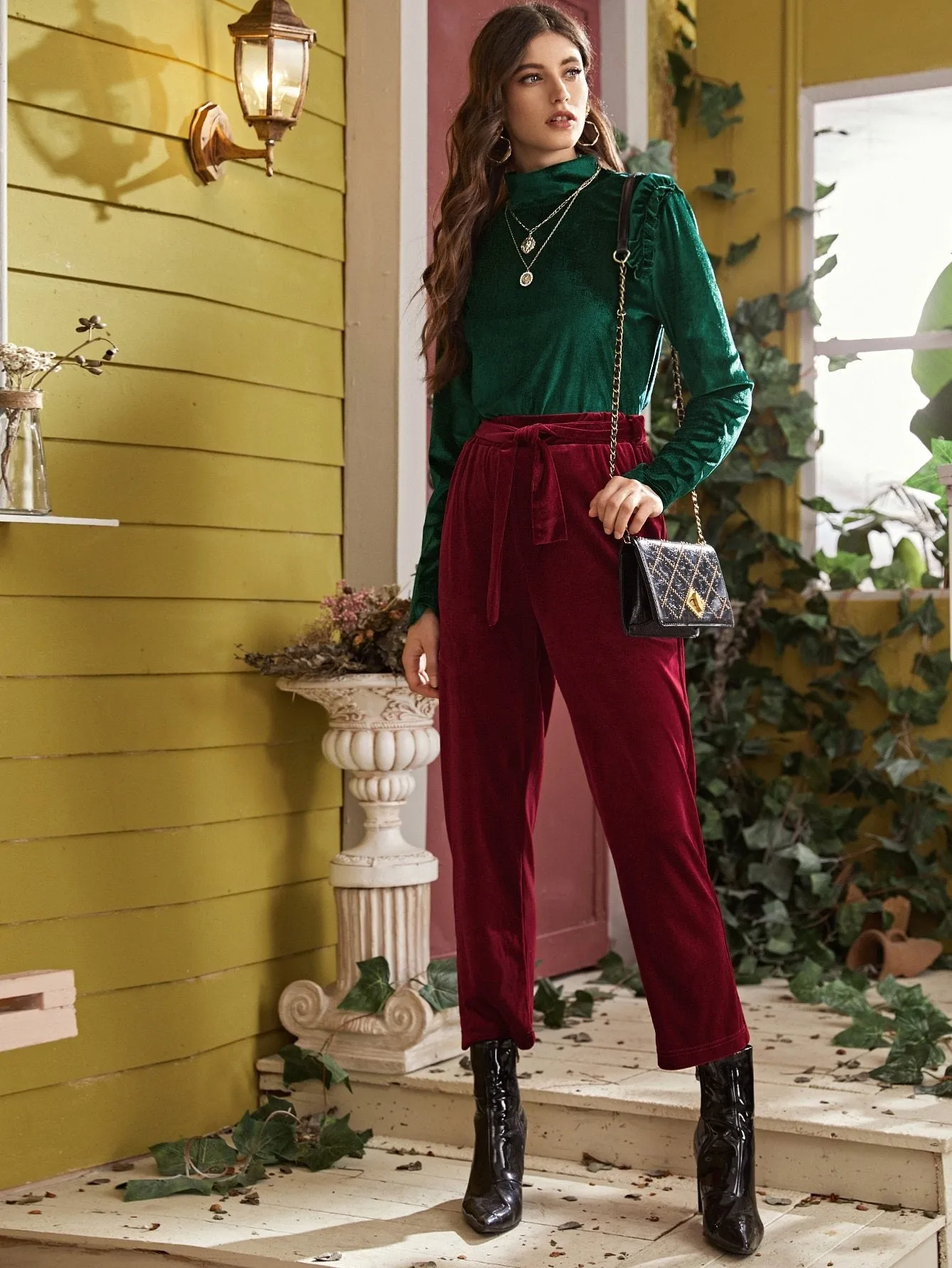 Solid Ruffle Trim Mock Neck Velvet Tee