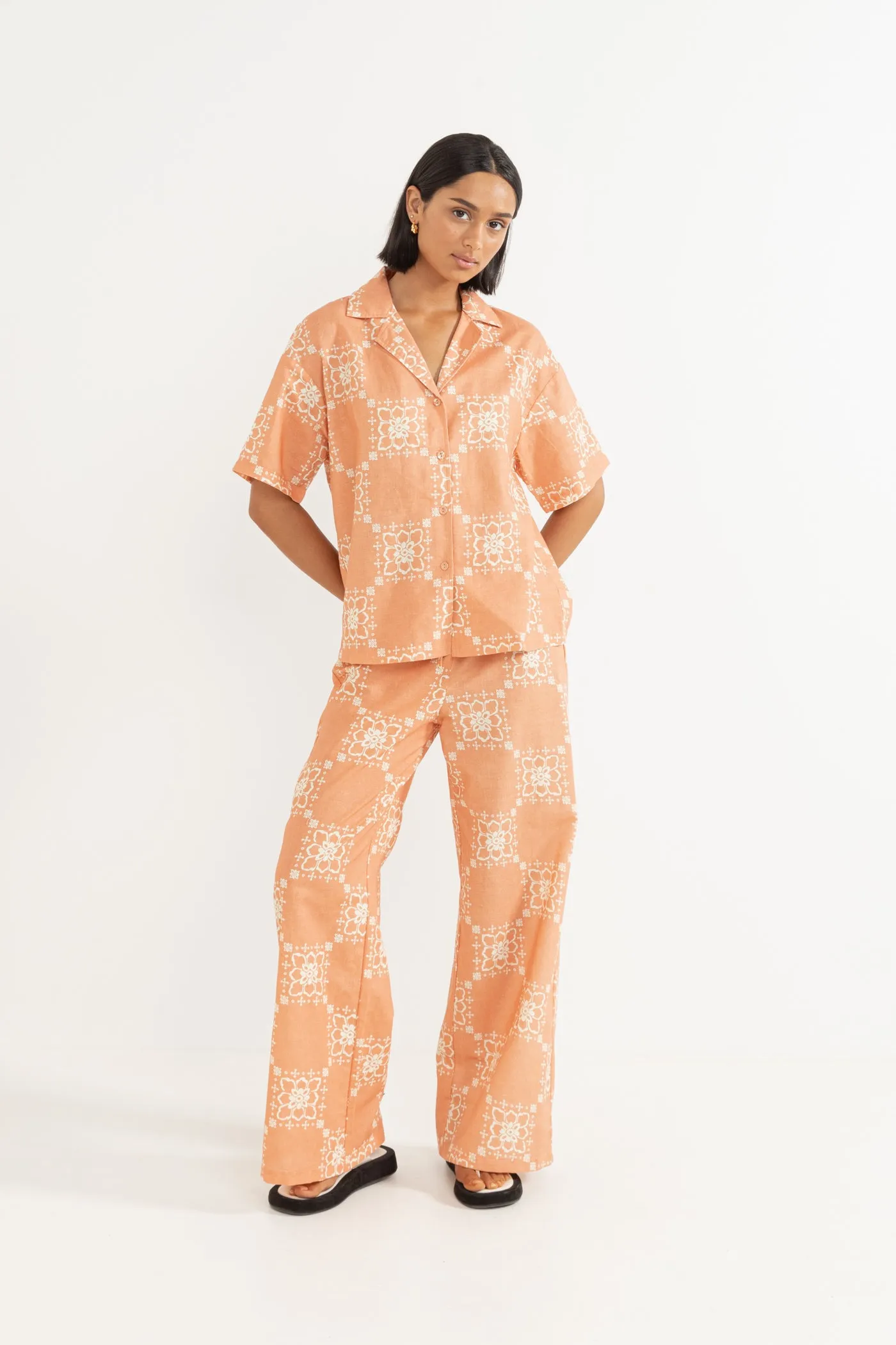 Stamped Floral Linen Pant Coral