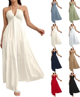 Summer Dresses for Women 2025 Spaghetti Strap Halter V Neck Maxi Dress Bow Tie Backless Ruffle A Line Prom Dress
