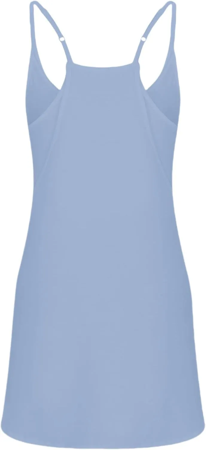Summer Dresses Shirt for Women Sleeveless Mini V Neck Dress Spaghetti Strap Sundress Athletic Short Dress with Pockets