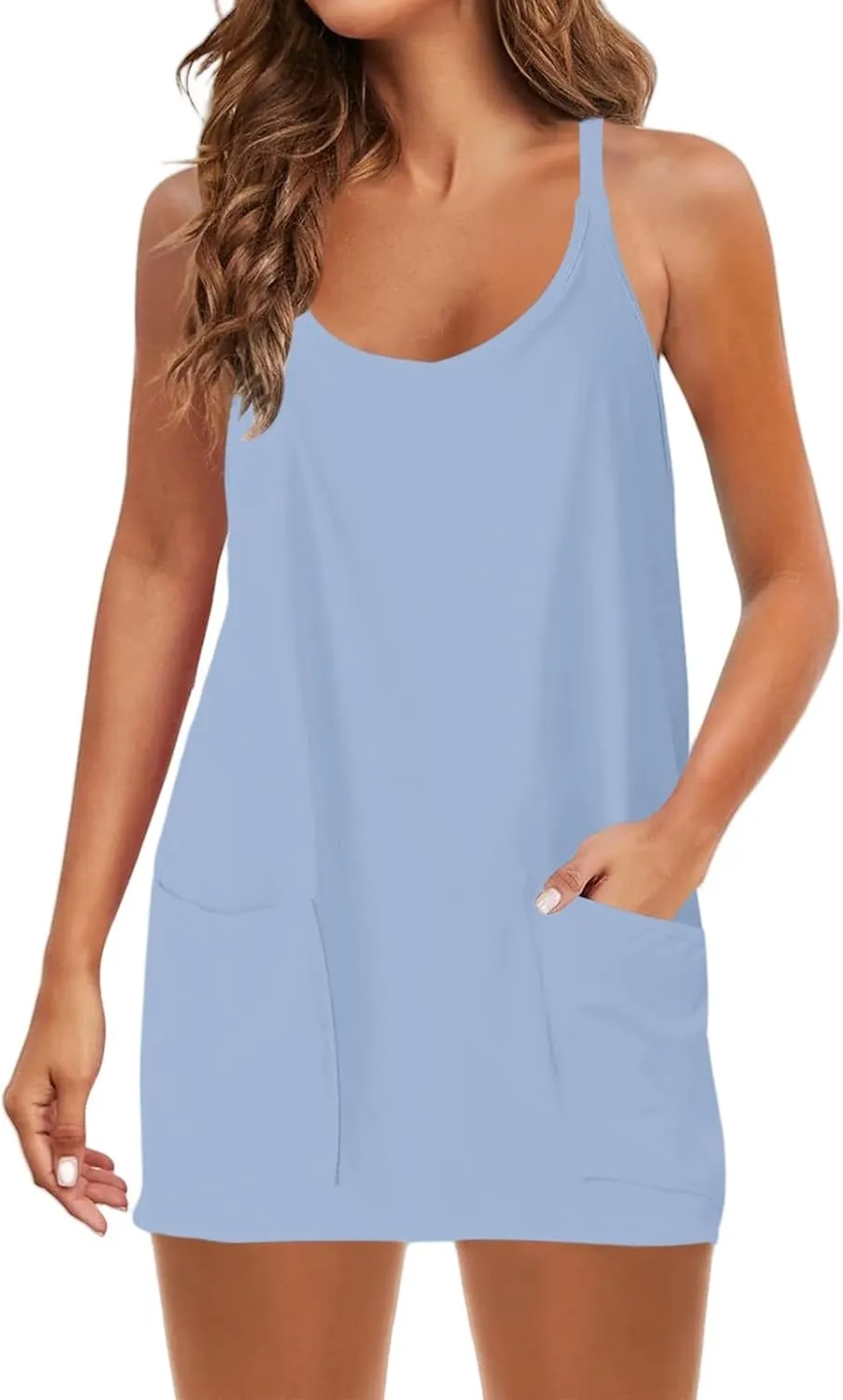 Summer Dresses Shirt for Women Sleeveless Mini V Neck Dress Spaghetti Strap Sundress Athletic Short Dress with Pockets