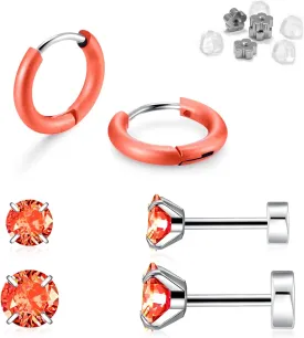 Surgical Steel Stud Hoop Earrings for Women Men, Hypoallergenic 20G Screw Back Earrings Small Huggie Hoop Earrings Flat Back Stud Earrings CZ Stud Earrings Set for Multiple Piercing Dainty Cartilage Earrings