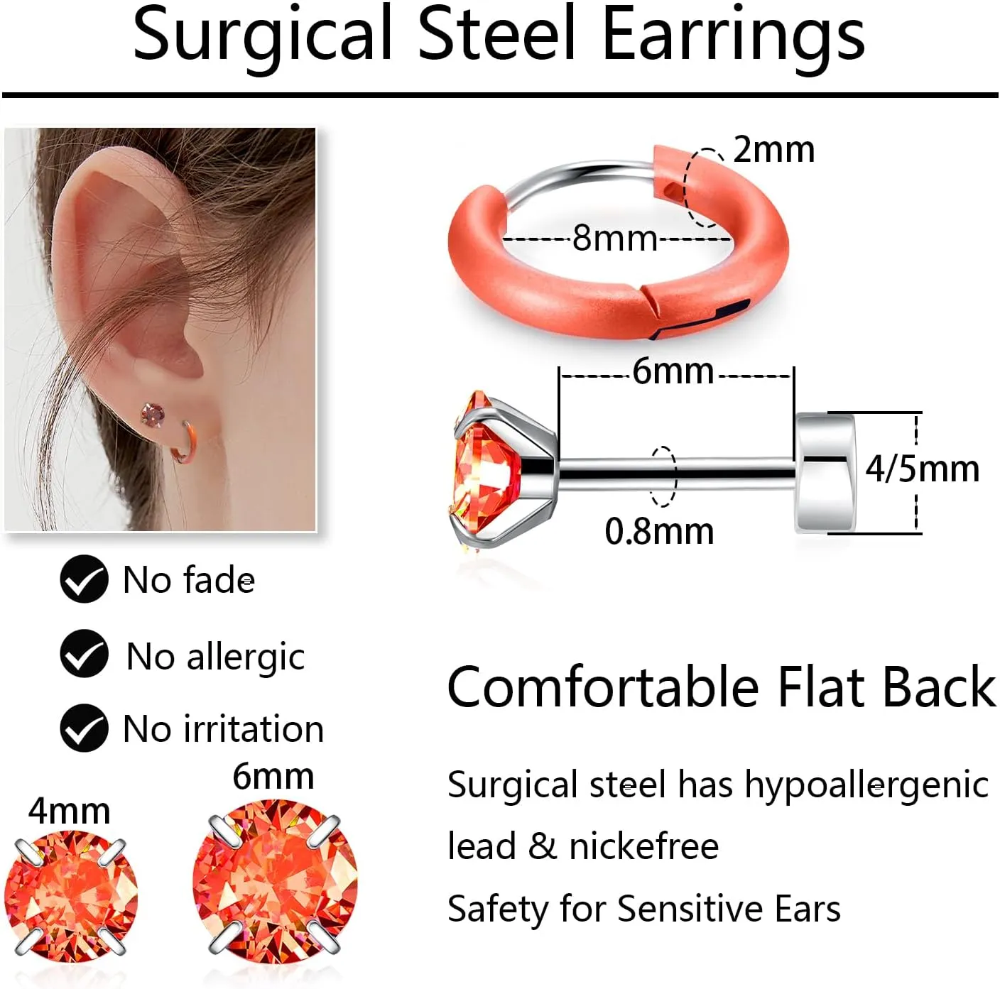 Surgical Steel Stud Hoop Earrings for Women Men, Hypoallergenic 20G Screw Back Earrings Small Huggie Hoop Earrings Flat Back Stud Earrings CZ Stud Earrings Set for Multiple Piercing Dainty Cartilage Earrings