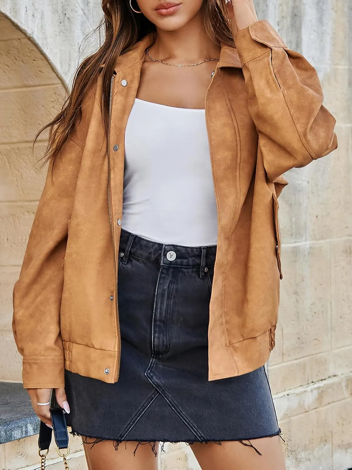 Tankaneo Womens Oversized Leather Jackets Trendy Zip up Bomber Motorcycle Coat 2025 Going out Outfits
