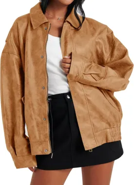 Tankaneo Womens Oversized Leather Jackets Trendy Zip up Bomber Motorcycle Coat 2025 Going out Outfits