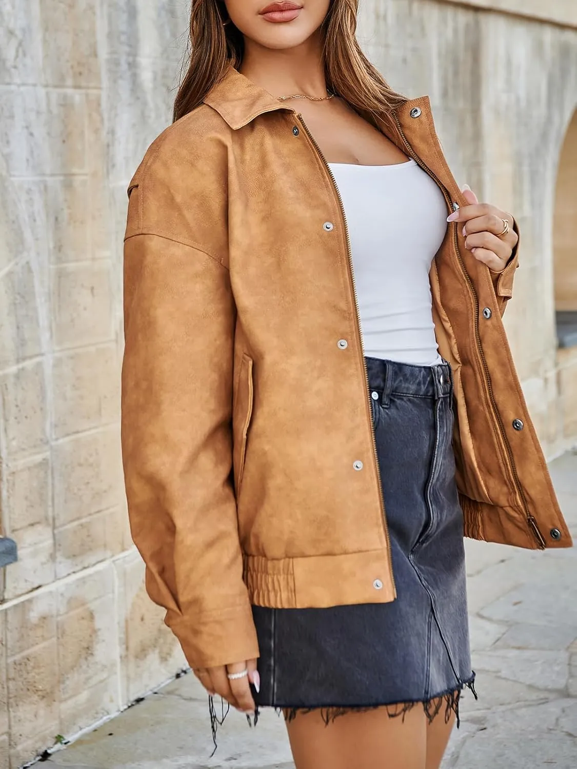 Tankaneo Womens Oversized Leather Jackets Trendy Zip up Bomber Motorcycle Coat 2025 Going out Outfits