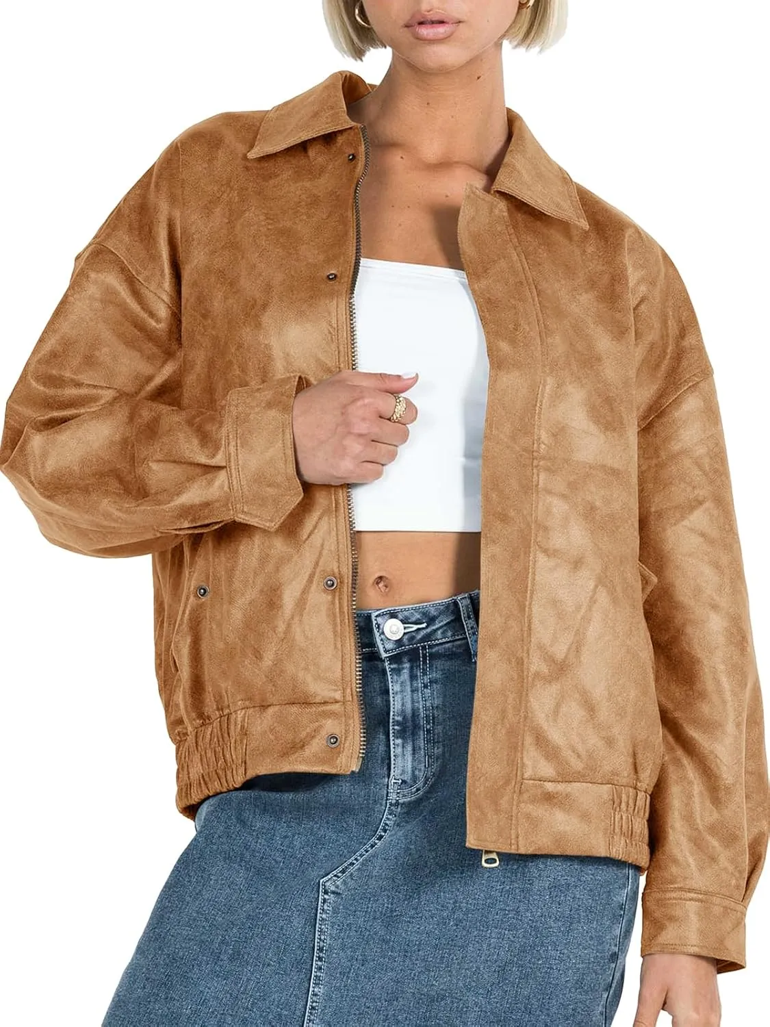 Tankaneo Womens Oversized Leather Jackets Trendy Zip up Bomber Motorcycle Coat 2025 Going out Outfits