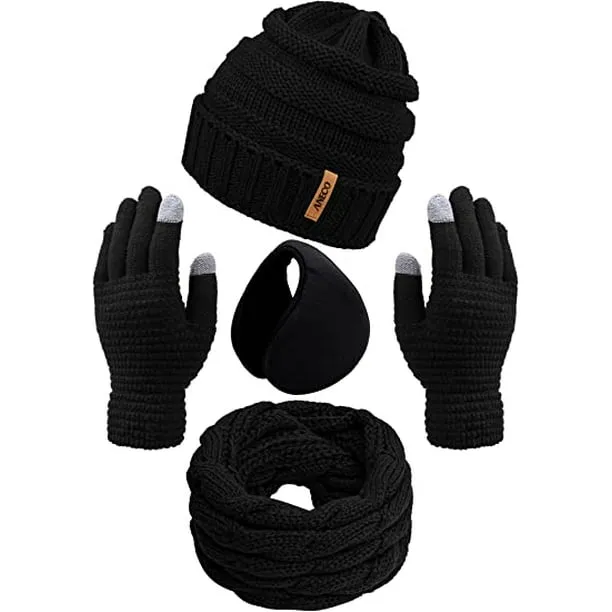 Terra Winter Warm Sets Knitted Scarf Beanie Hat Touch Screen Gloves And Winter Ear Warmer For Men Or Women-Black