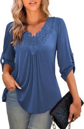 Tralilbee Women's Plus Size Tunic Tops 3/4 Roll Sleeve Shirts Lace Crochet V Neck Casual Blouses