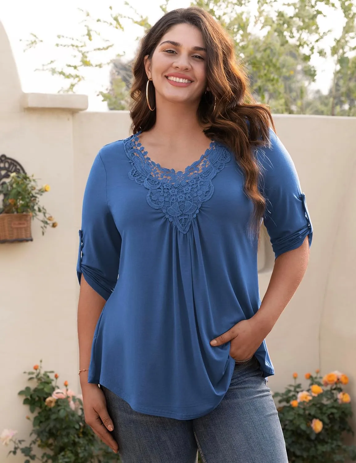 Tralilbee Women's Plus Size Tunic Tops 3/4 Roll Sleeve Shirts Lace Crochet V Neck Casual Blouses