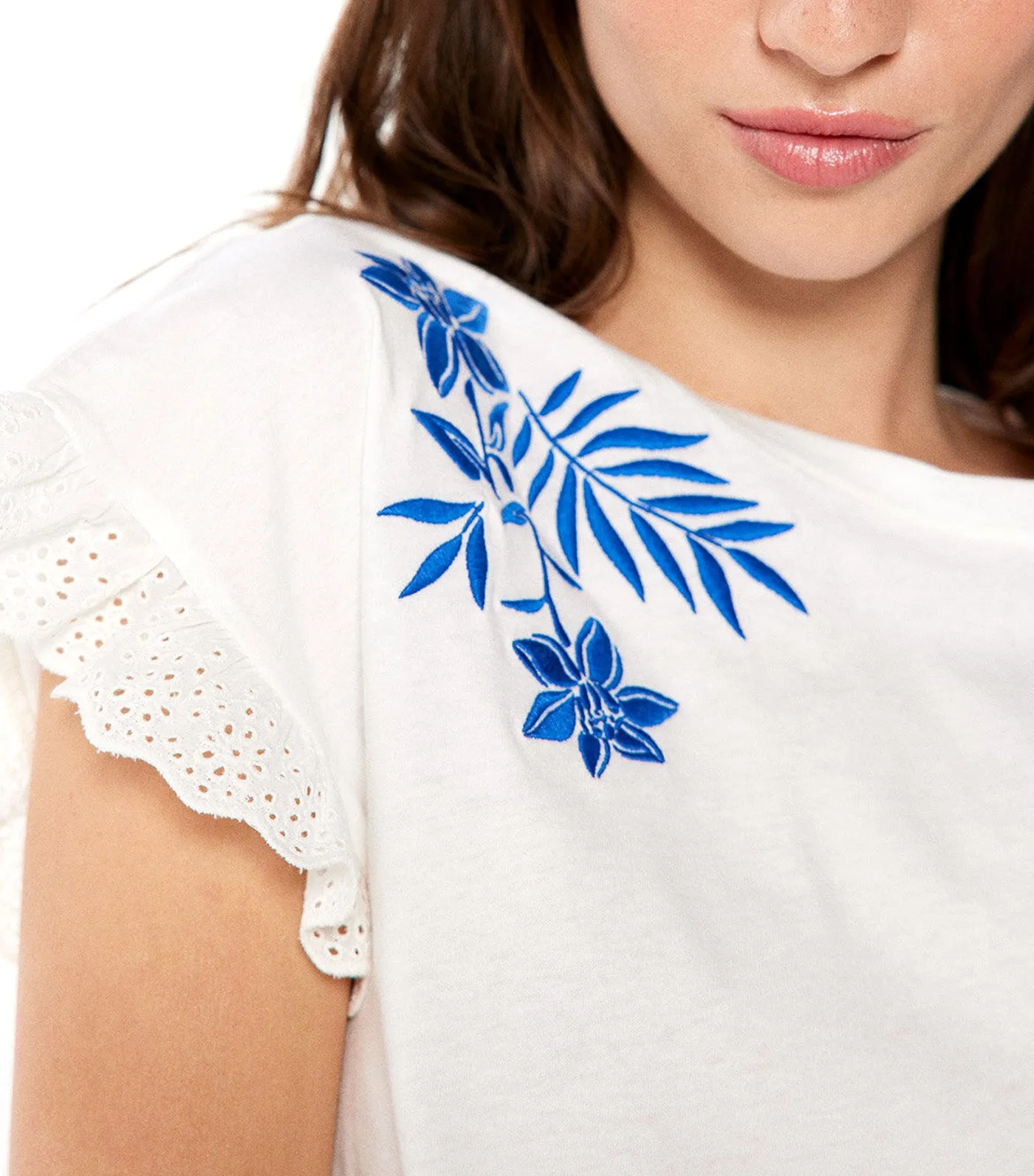 Tropical Flower Embroidery T-Shirt White