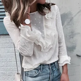 VenusFox Women Casual Lace Polka Dot O Neck Long Sleeve Tops Blouse