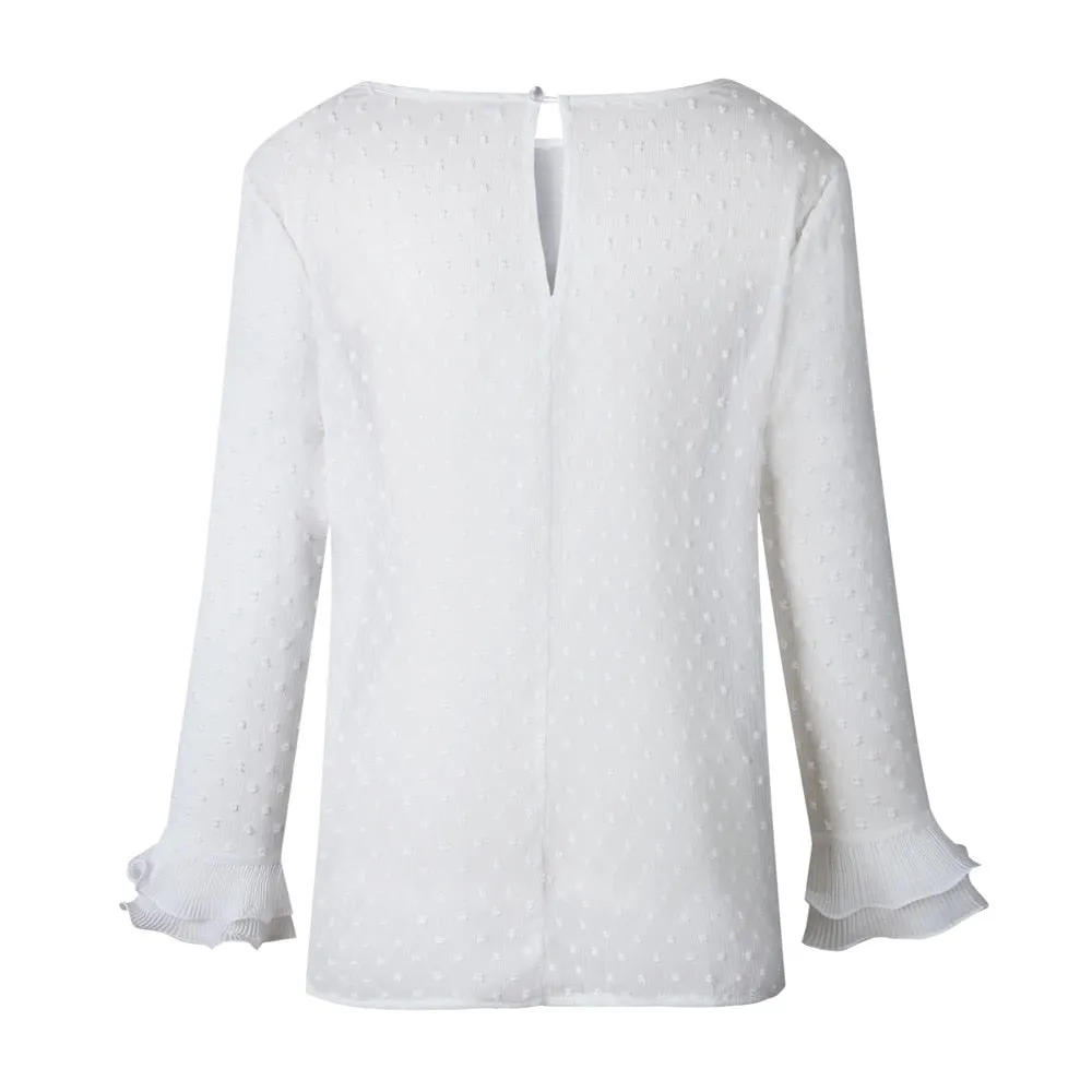 VenusFox Women Casual Lace Polka Dot O Neck Long Sleeve Tops Blouse