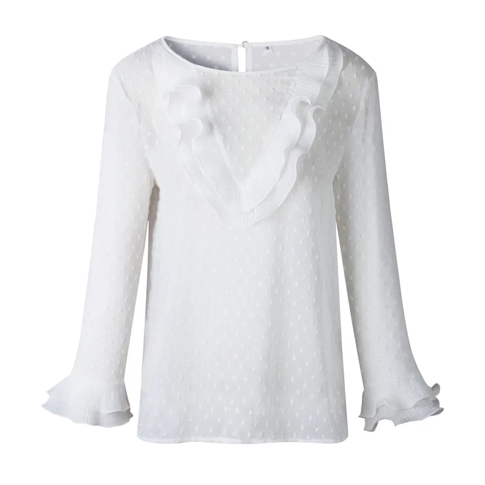 VenusFox Women Casual Lace Polka Dot O Neck Long Sleeve Tops Blouse