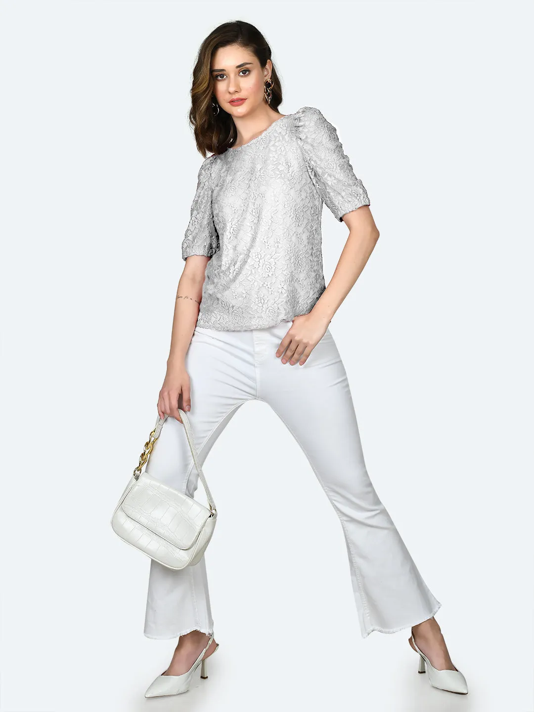 White Lace Round Neck Top