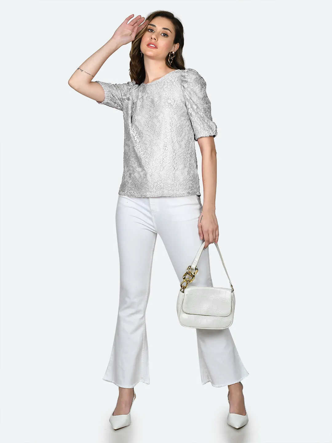 White Lace Round Neck Top