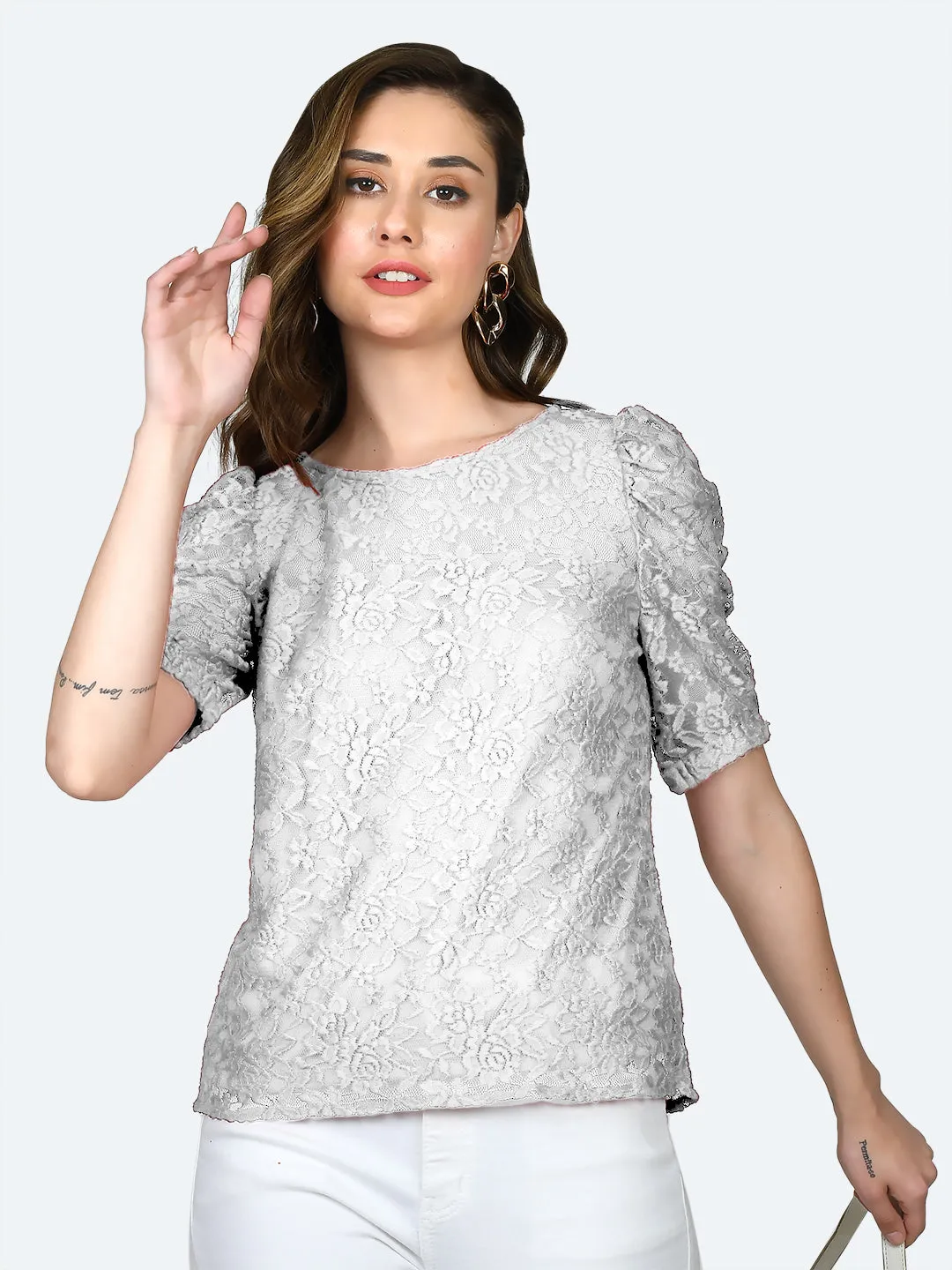 White Lace Round Neck Top