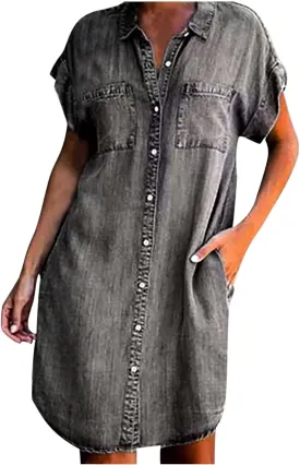 Women Casual Button Down Denim Dress Loose Fit Jean Shirt Dresses Short Sleeve Mini T Shirt Dress with Pockets