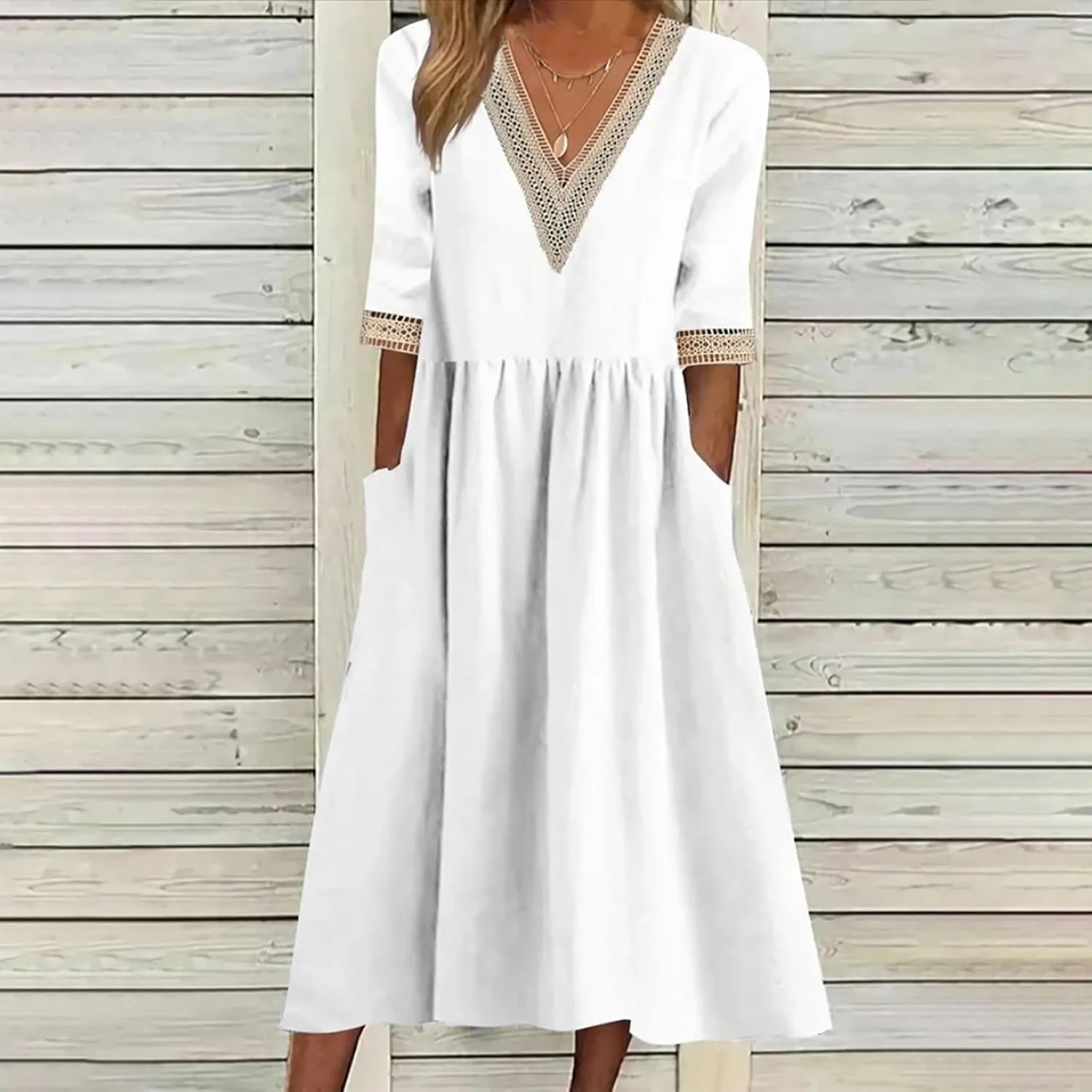 Women Cotton Linen Dress Hollow V Neck 3/4 Sleeve Casual Midi Dresses High Waist Pleated Flowy Spring Summer Dresses