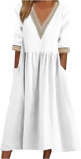 Women Cotton Linen Dress Hollow V Neck 3/4 Sleeve Casual Midi Dresses High Waist Pleated Flowy Spring Summer Dresses