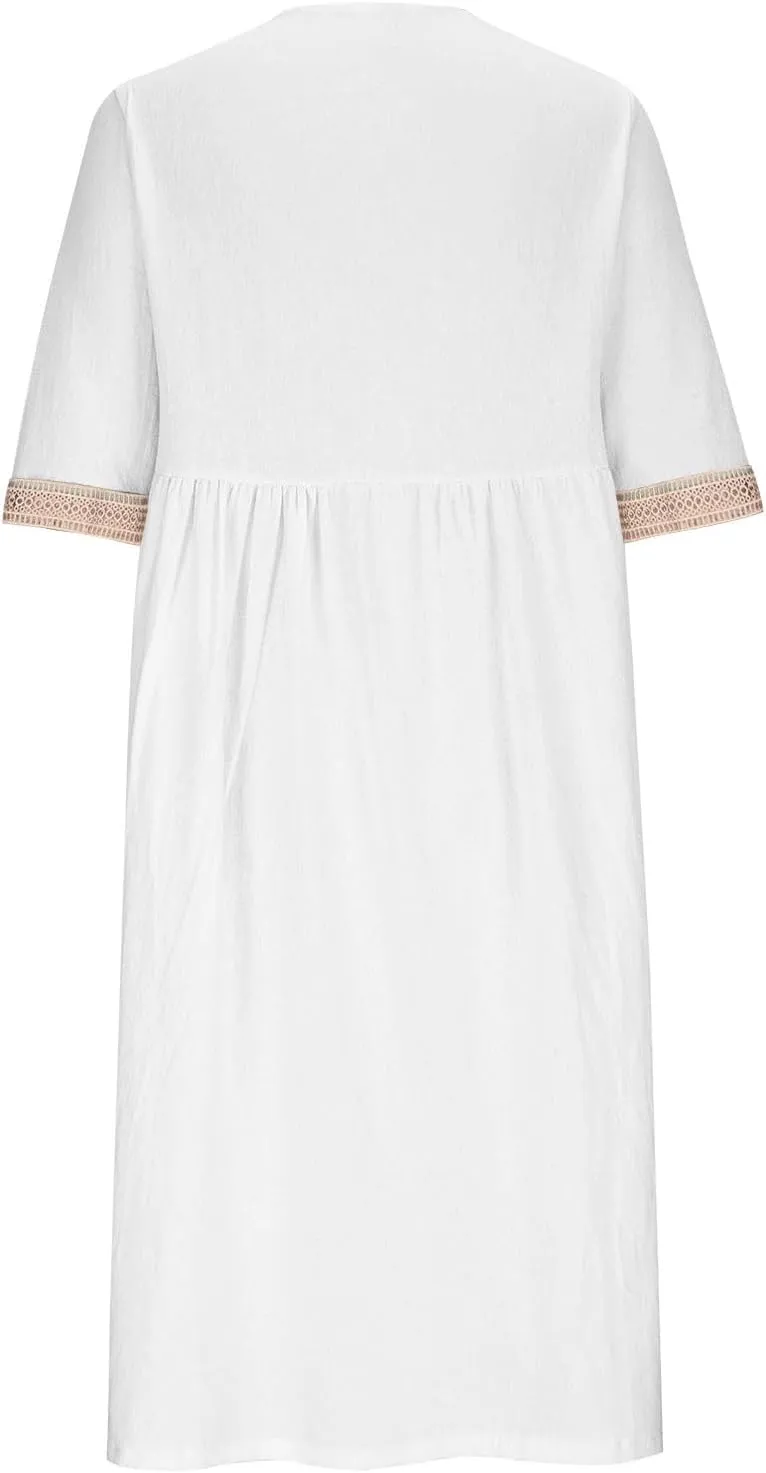Women Cotton Linen Dress Hollow V Neck 3/4 Sleeve Casual Midi Dresses High Waist Pleated Flowy Spring Summer Dresses