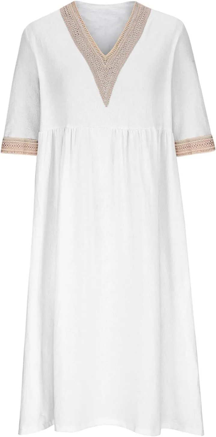 Women Cotton Linen Dress Hollow V Neck 3/4 Sleeve Casual Midi Dresses High Waist Pleated Flowy Spring Summer Dresses