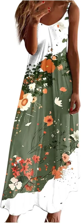 Women Floral Summer Sundresses 2025 Spaghetti Strap Maxi Dresses Spring Flower Boho Dress Boho Beach Vacation Clothes