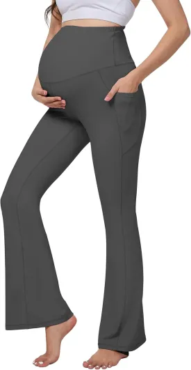 Womens 28/30 Inseam Soft Feeling Flare Maternity Yoga Pants Over The Belly with Pockets Pregnancy Leggings Casual