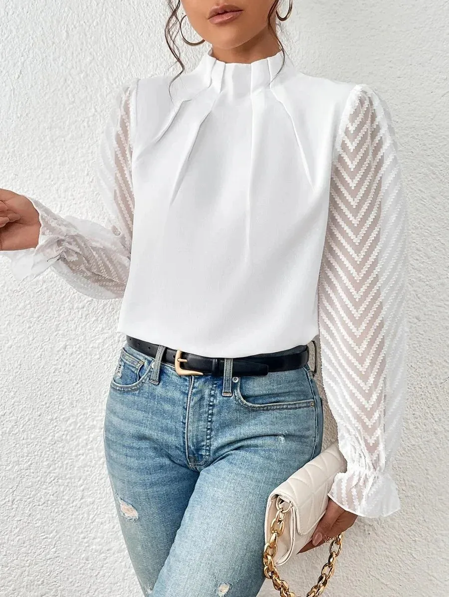 Womens Elegant High Collar Panel Wave Chiffon Long Sleeve Top