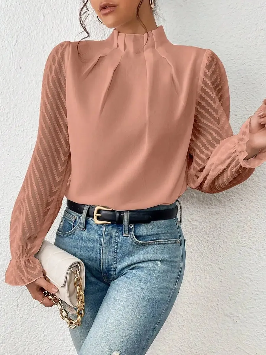 Womens Elegant High Collar Panel Wave Chiffon Long Sleeve Top