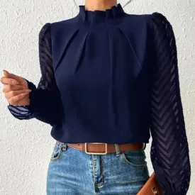Womens Elegant High Collar Panel Wave Chiffon Long Sleeve Top