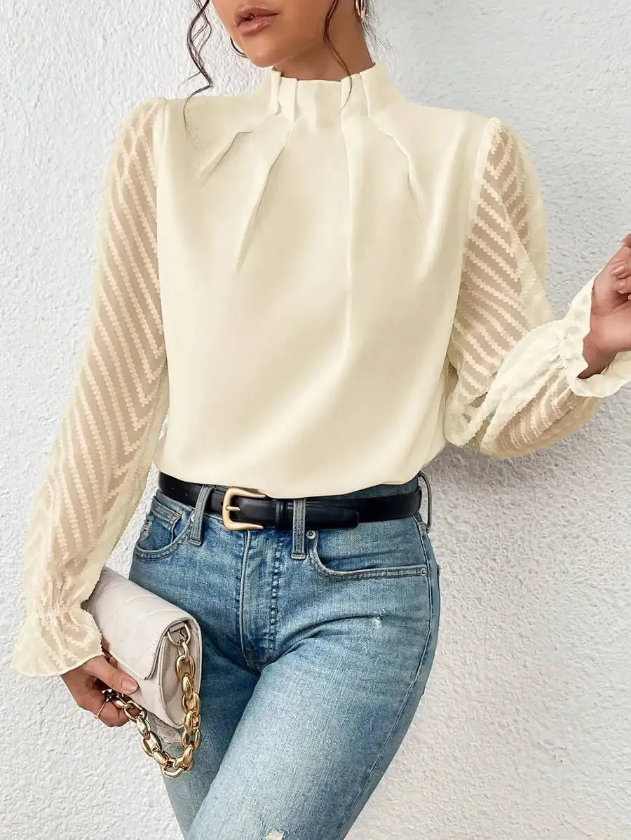 Womens Elegant High Collar Panel Wave Chiffon Long Sleeve Top