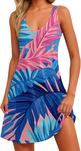Womens Summer Dresses Vacation Casual Sundress V Neck Sleeveless Dress with Pocket Beach Printed Swimsuit Coverup