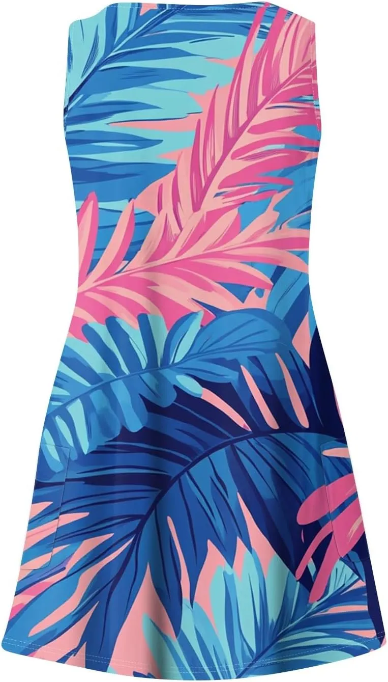 Womens Summer Dresses Vacation Casual Sundress V Neck Sleeveless Dress with Pocket Beach Printed Swimsuit Coverup