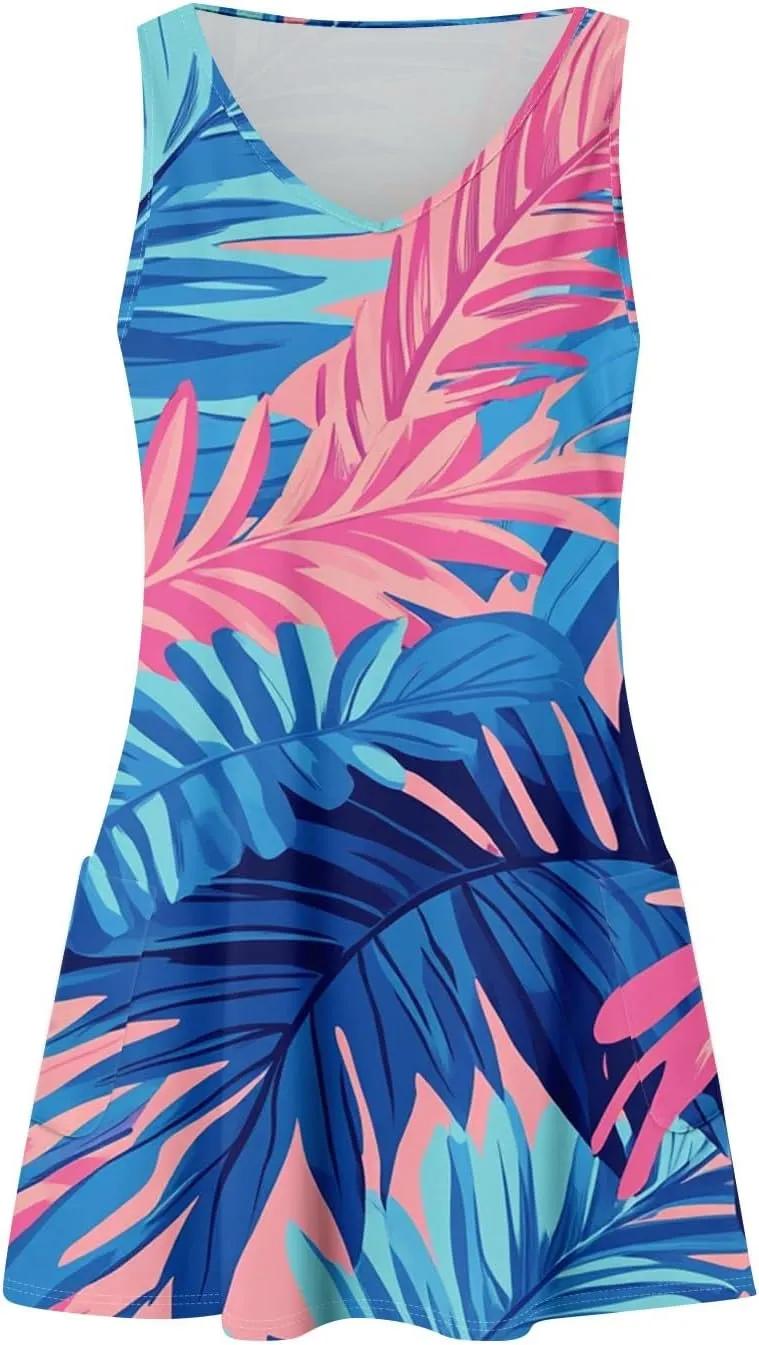 Womens Summer Dresses Vacation Casual Sundress V Neck Sleeveless Dress with Pocket Beach Printed Swimsuit Coverup
