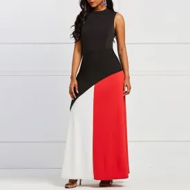 Women's Summer Maxi Dress Color Block Fashion Patchwork Ruffle Elegant Evening Sleeveless Sexy Robe Party Big Swing Long Dress