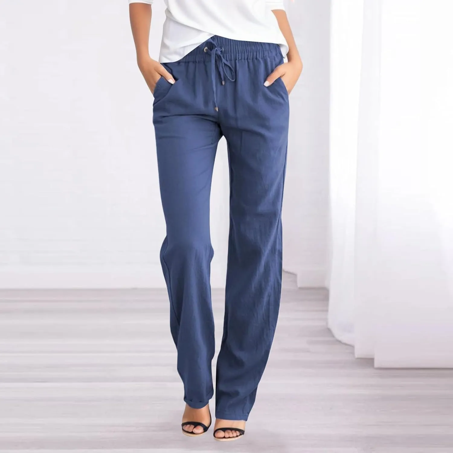 Womens Tapered Pants Straight Leg Solid Color Elastic High Waist Loose Lightweight Lounge Pants with Pockets